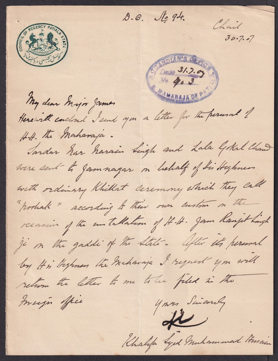 India 1907 crested letterhead re : Installation of HH Ranjit Singh of Nawangar