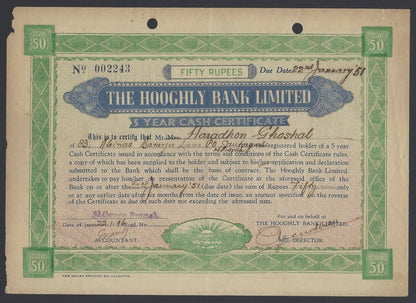 India 1946 The Hooghly Bank Limited 5 years 50Rs cash certificate