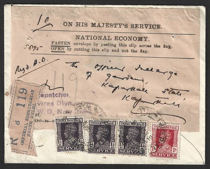 India 1944 thrice used OHMS registered cover with Economy label