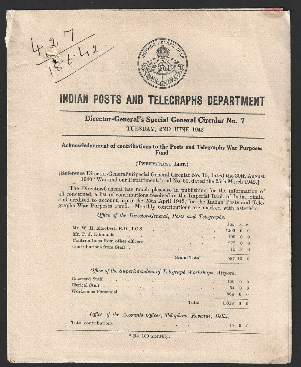 India POSTAL CIRCULAR No. 7 2nd June 1942 Post & Telegraphs War Purposes Fund