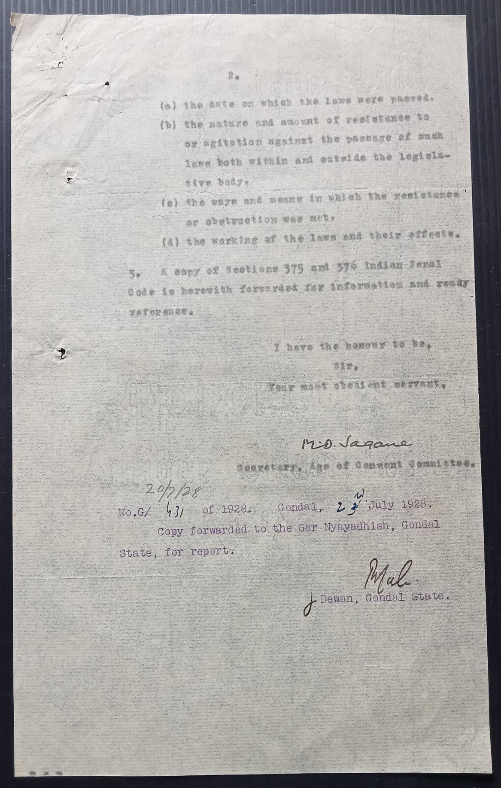 India 1928 official Correspondence re: raising the age of sexual consent to 14