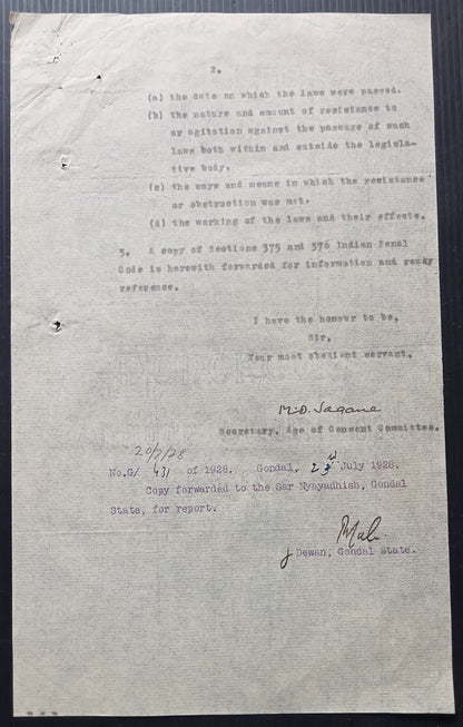 India 1928 official Correspondence re: raising the age of sexual consent to 14