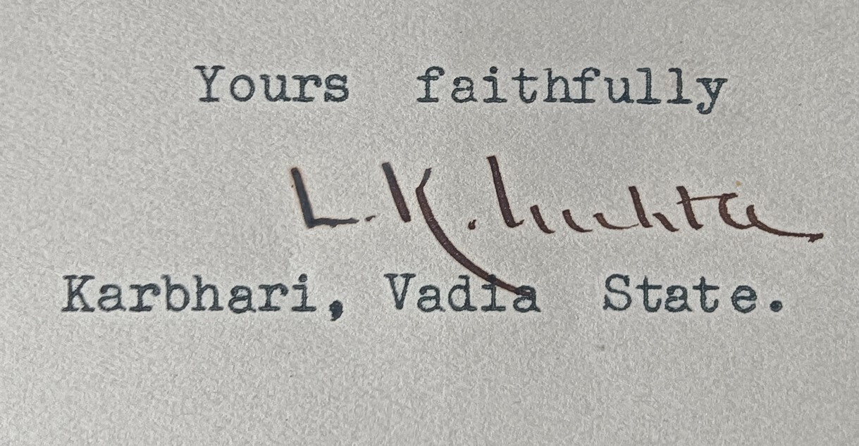 India 1942 crested letter VADIA STATE signed by state Manager Laxmichand  Mehta