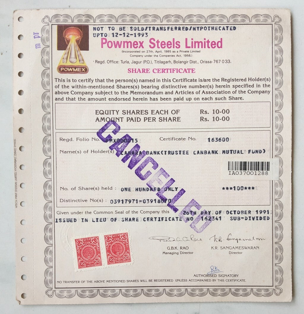 India 1991 The Powmex Steels Ltd share certificate