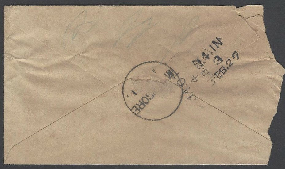 AOPIMT India QV cover bs unframed TPOs "J.4.IN/3/FEB.27" & "J.4.OT/4/FEB.27"