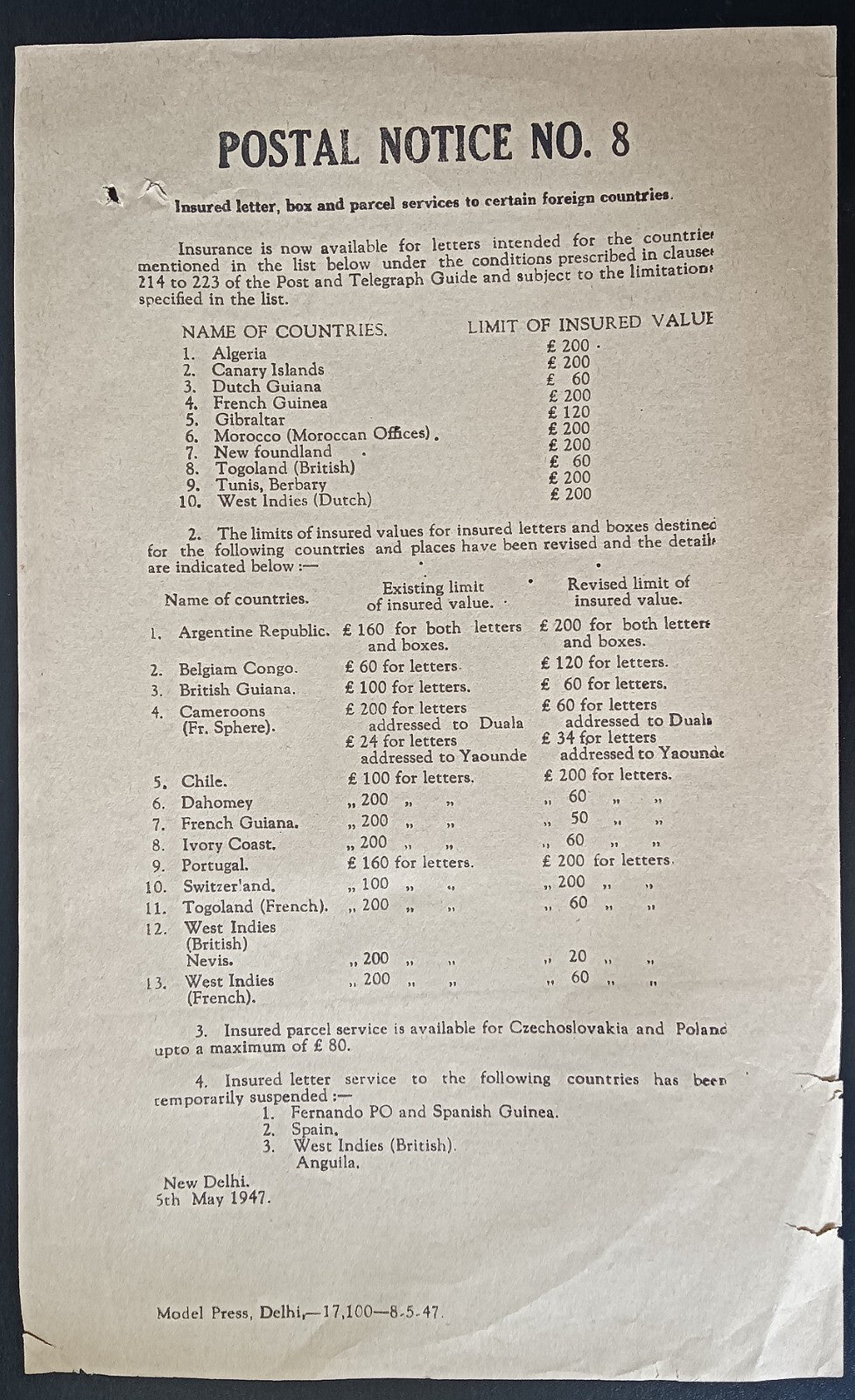 India POSTAL NOTICE No. 8 5th May 1947 Insured Letter Services + CIRCULAR No. 7