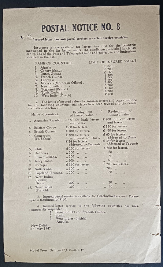 India POSTAL NOTICE No. 8 5th May 1947 Insured Letter Services + CIRCULAR No. 7