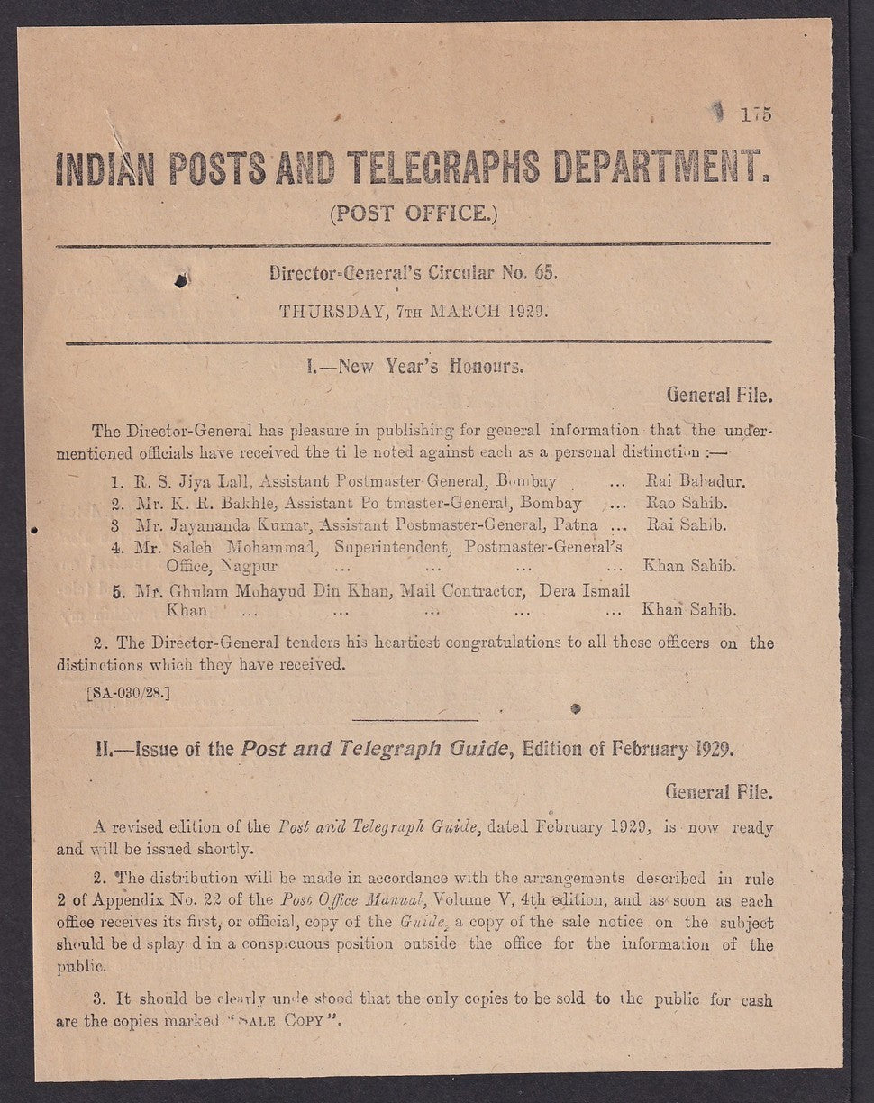 India 1931 DG'S POSTAL CIRCULAR Multiple topics