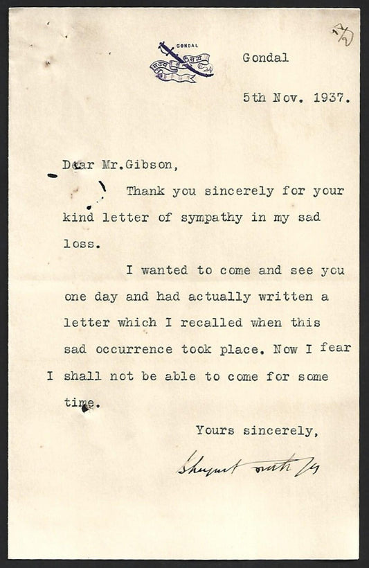 (AOP) India GONDAL STATE crested letter signed Maharaja Bhagwatsinhji