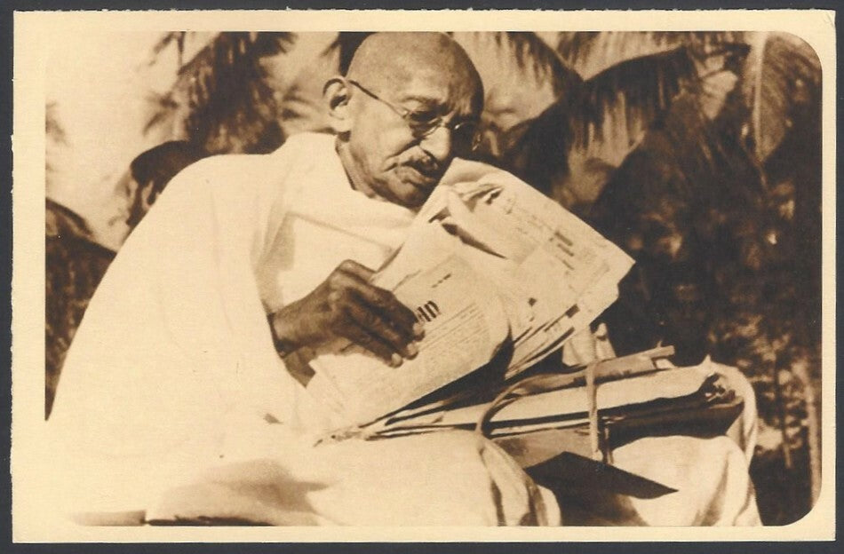 AOP India full back pictorial 50p Gandhi postal card GANDHI reading newspaper 