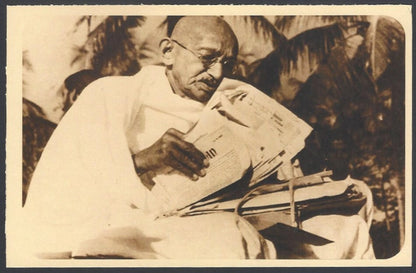 AOP India full back pictorial 50p Gandhi postal card GANDHI reading newspaper 
