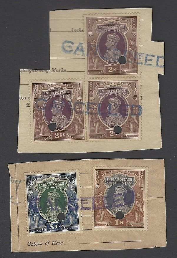 AOP India KGVI postage stamps used as revenue for PASSPORT FEES