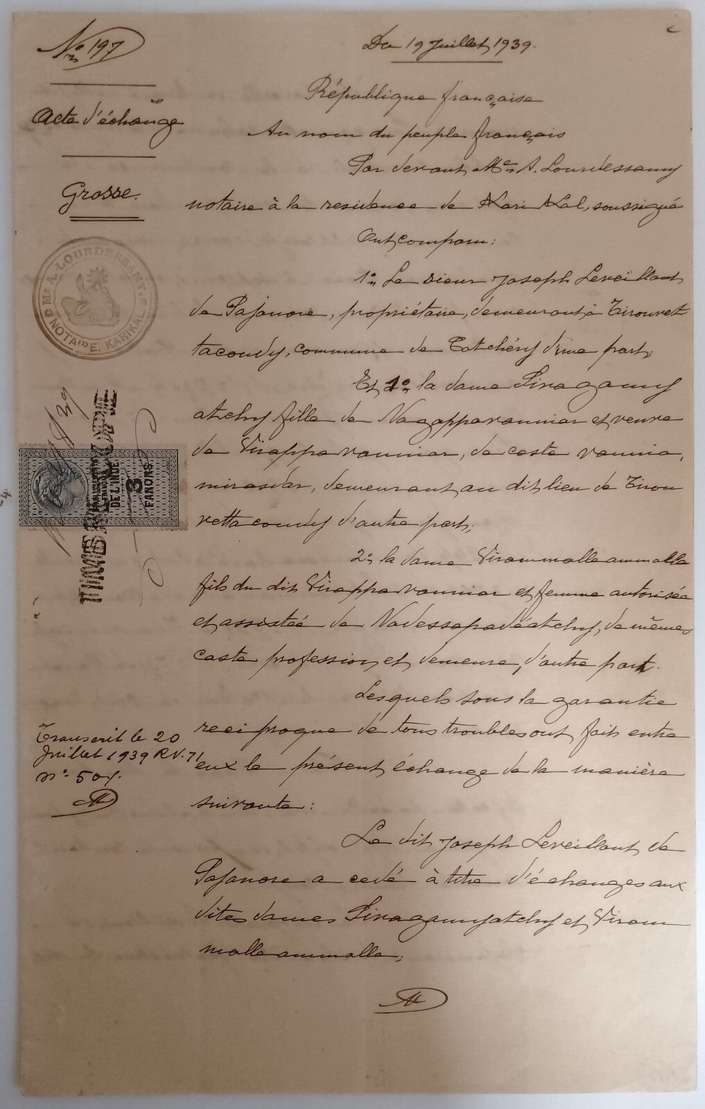 AOP French India 1909 3fa revenue stamp on 1939 8 page KARIKAL document
