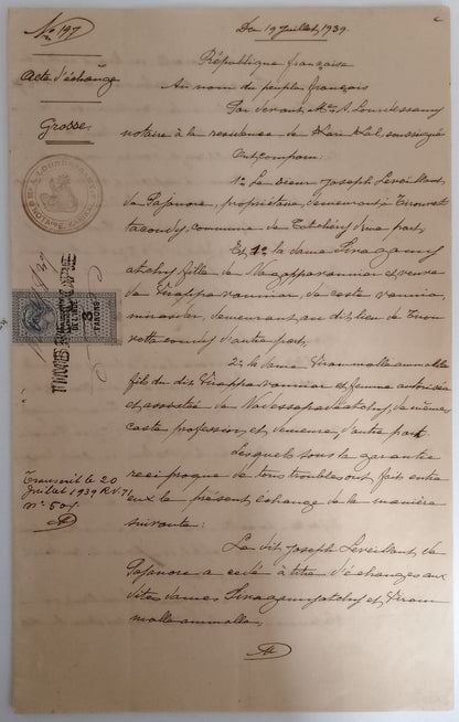 AOP French India 1909 3fa revenue stamp on 1939 8 page KARIKAL document