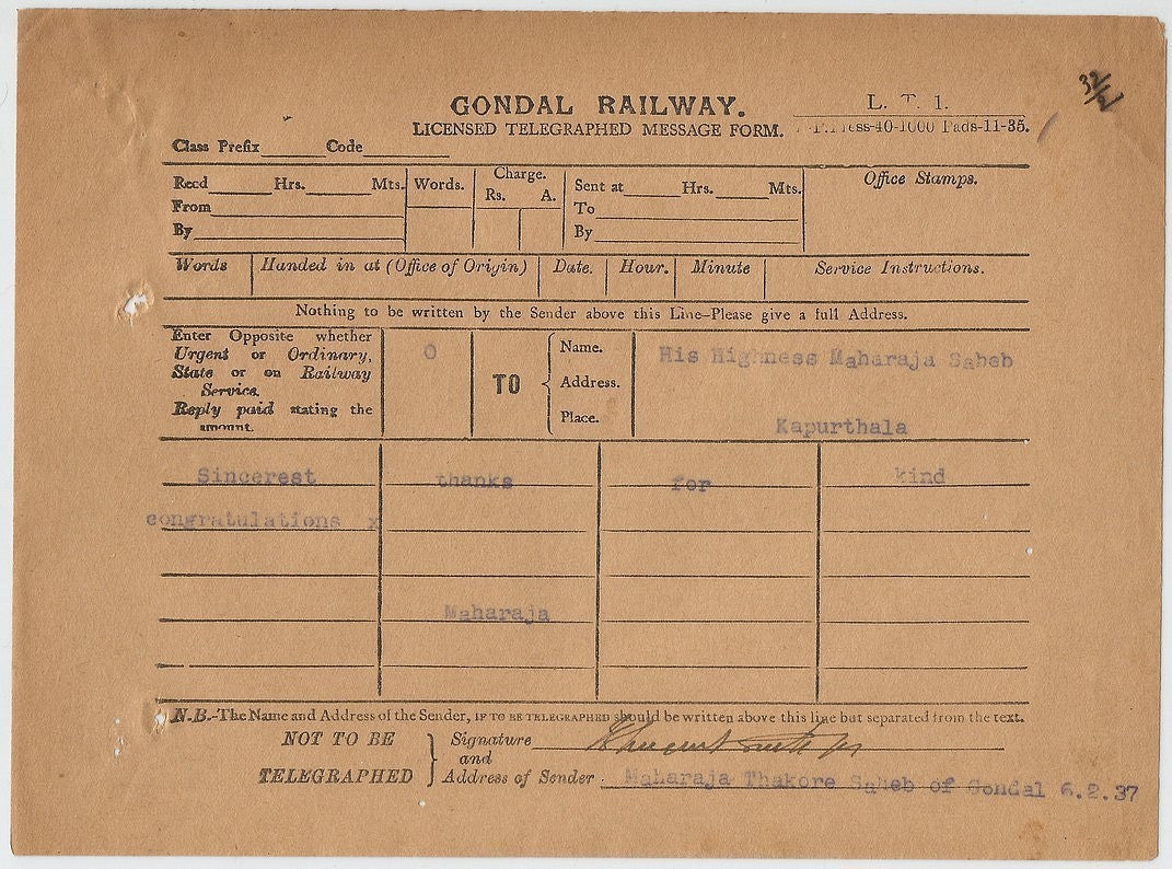 India Maharaja of Kaputhala KCIE congratulatory telegram & signed reply