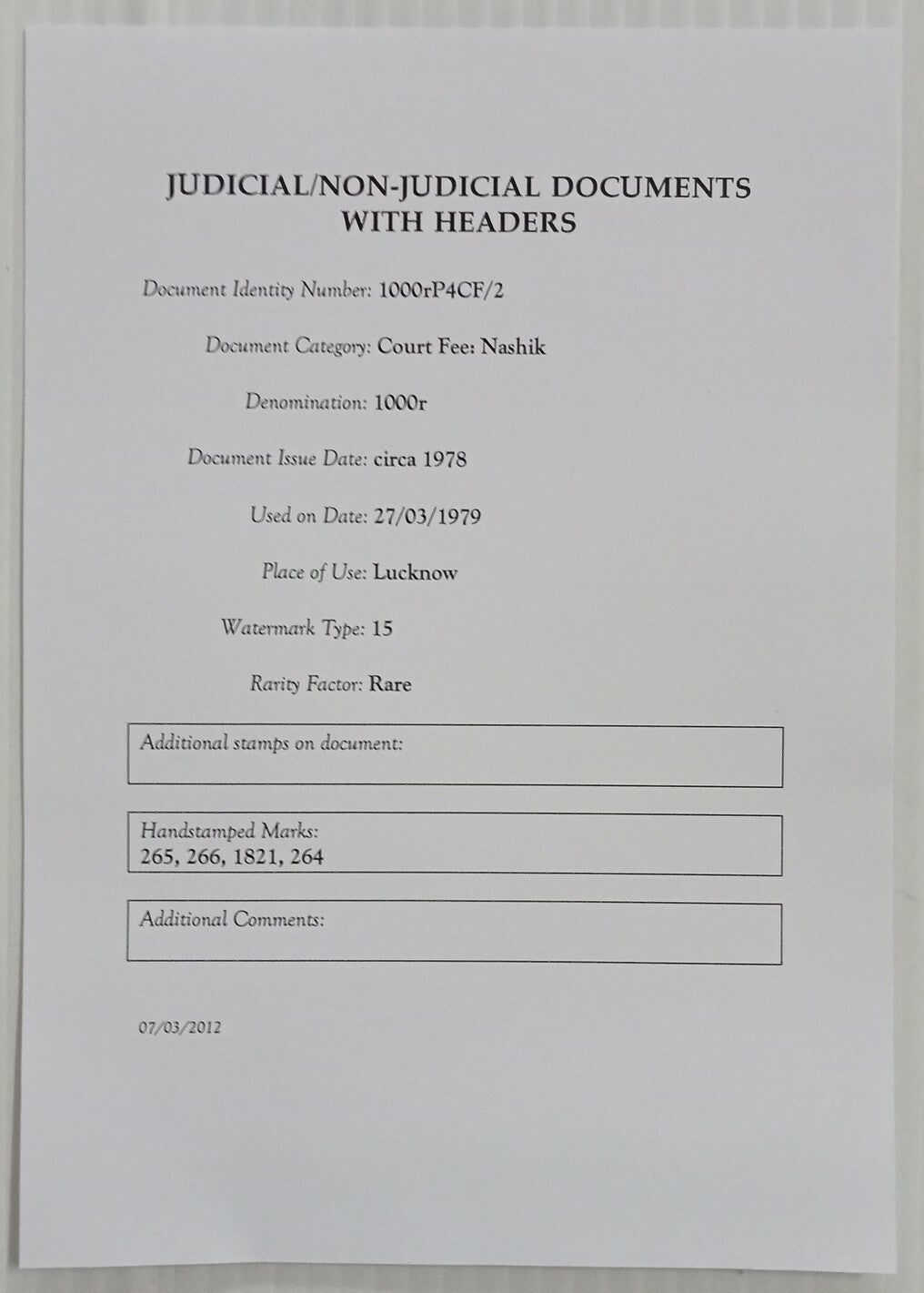 AOP India Capital 1000R stamp paper Wmk Type 15