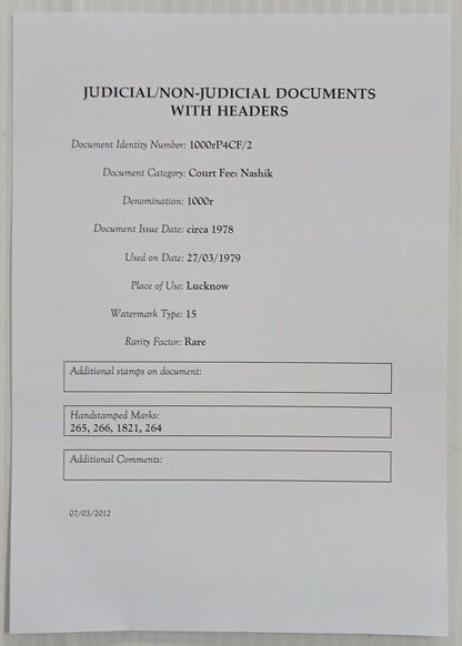 AOP India Capital 1000R stamp paper Wmk Type 15