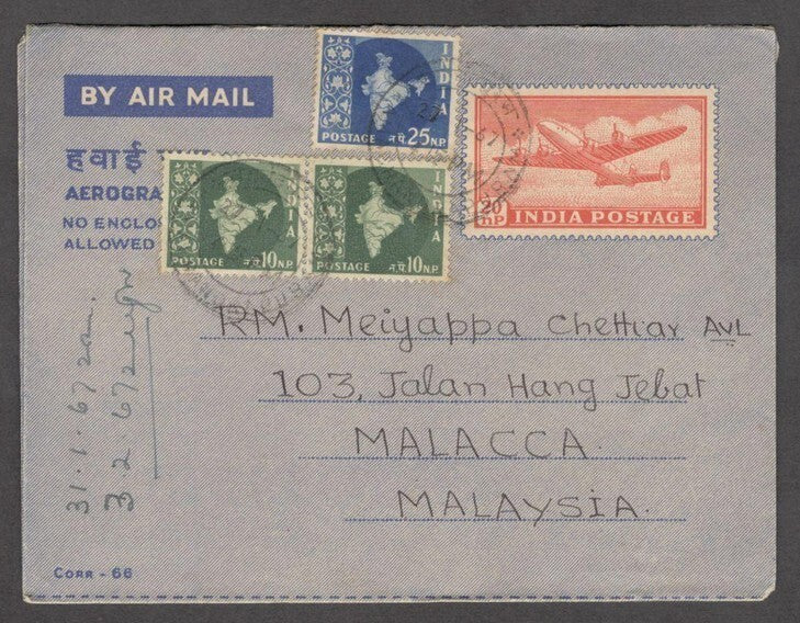India 20np aerogramme uprated Maps 10np x 2 & 25np to Malaya