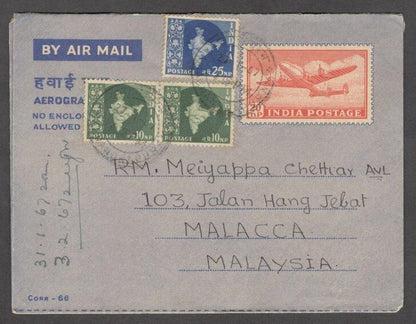 India 20np aerogramme uprated Maps 10np x 2 & 25np to Malaya