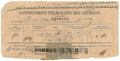 India QV Telegraph stamps 1R Die 1 pair on 1871 receipt