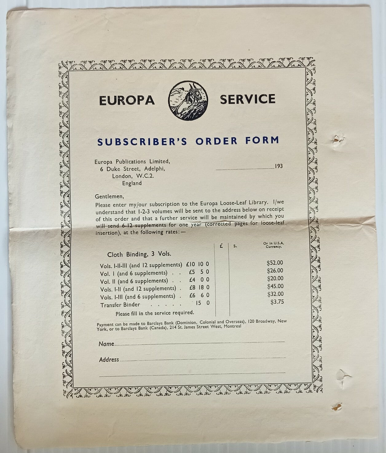AOP India 1939 The Europa Service, London