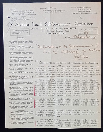 All-India Local Self-Government Conference letterhead u sed 1935