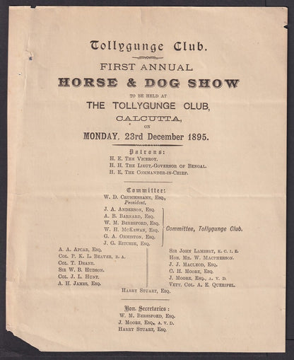 India HORSE & DOG SHOW, Tollygunje, Calcutta 1895 programme, etc.