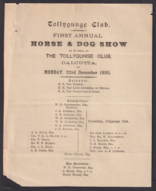 India HORSE & DOG SHOW, Tollygunje, Calcutta 1895 programme, etc.