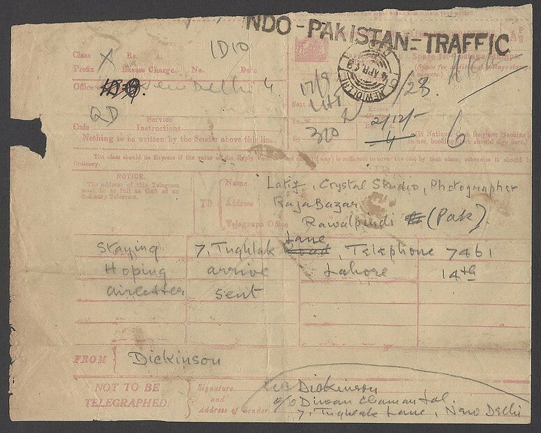 India 1948 telegram with KGVI 2R & Air India 12a