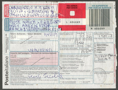 AOP Italy 2001 parcel card to India with a combination of Euro & Lire top values