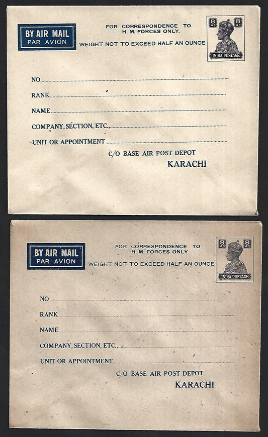 India WW2 KGVI 8a Karachi Military envelope for corres. to H M Forces (3 diff)