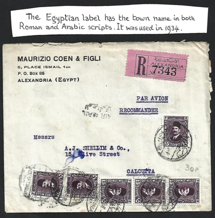 Egypt 1936 registered cover with 1934 type pink registered label to India