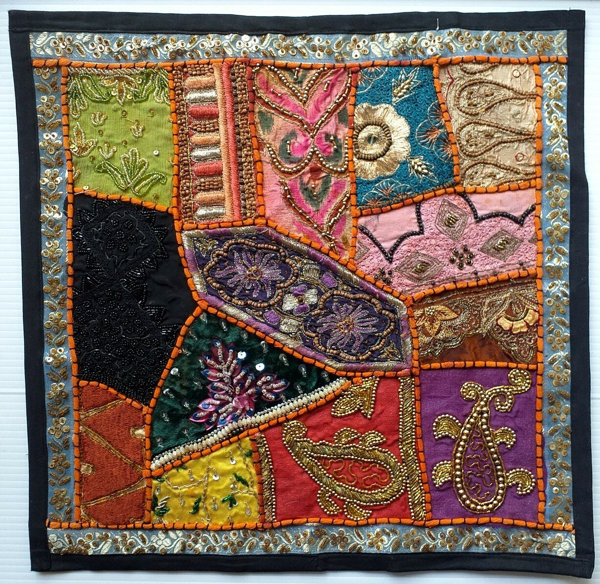 Vintage multipurpose Indian mat wi hand embroidery, sequins, beads, zari, etc