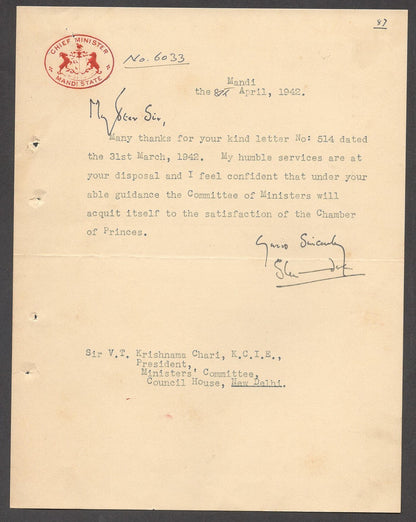 India 1942 crested letter CHIEF MINISTER / MANDI STATE signed