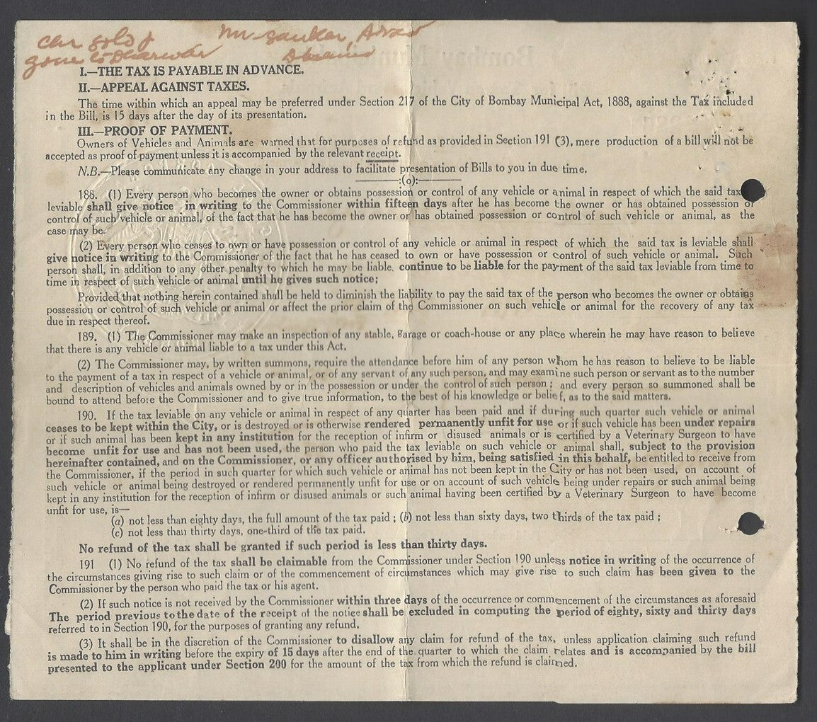 AOP India 1950 Bombay Muncipality embossed Bill for Tax on Vehicles