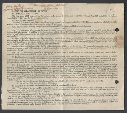 AOP India 1950 Bombay Muncipality embossed Bill for Tax on Vehicles
