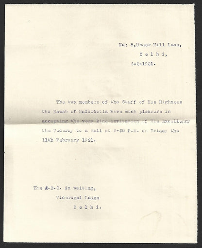 1921 Duke of Connaught INDIA VISIT Ball invitation