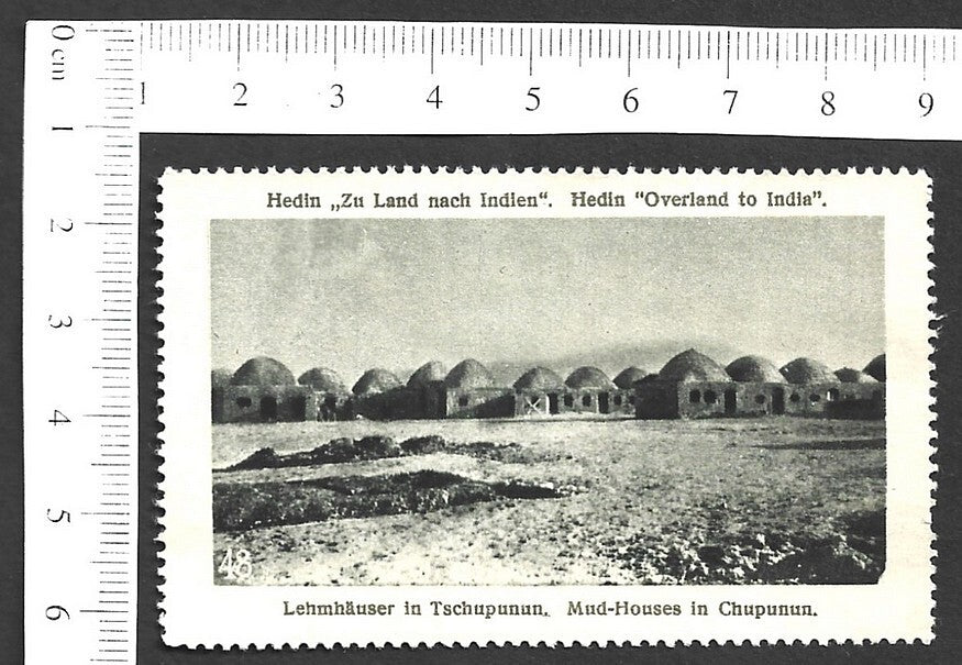 Vintage OVERLAND TO INDIA poster stamp - MUD-HOUSES IN CHUPUNUN zaz