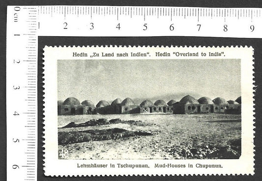 Vintage OVERLAND TO INDIA poster stamp - MUD-HOUSES IN CHUPUNUN zaz