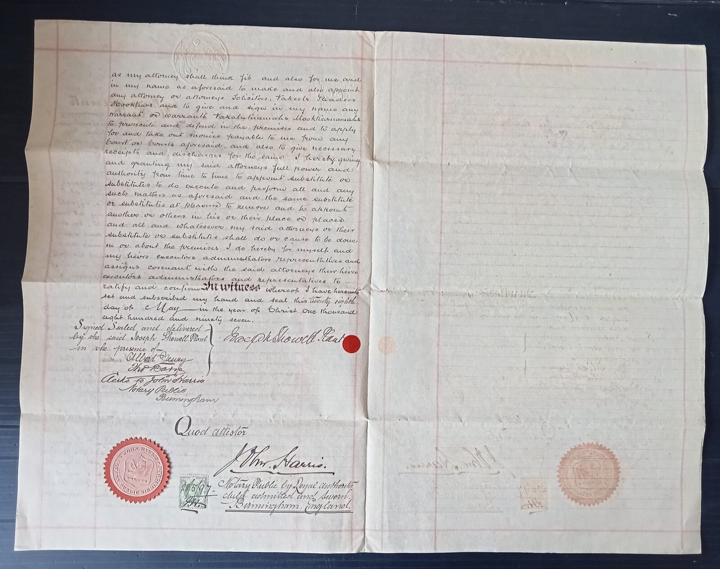 India QV 5R Special Adhesive revenue on PoA GB 10s revenue & 1897 postage 1s zaz
