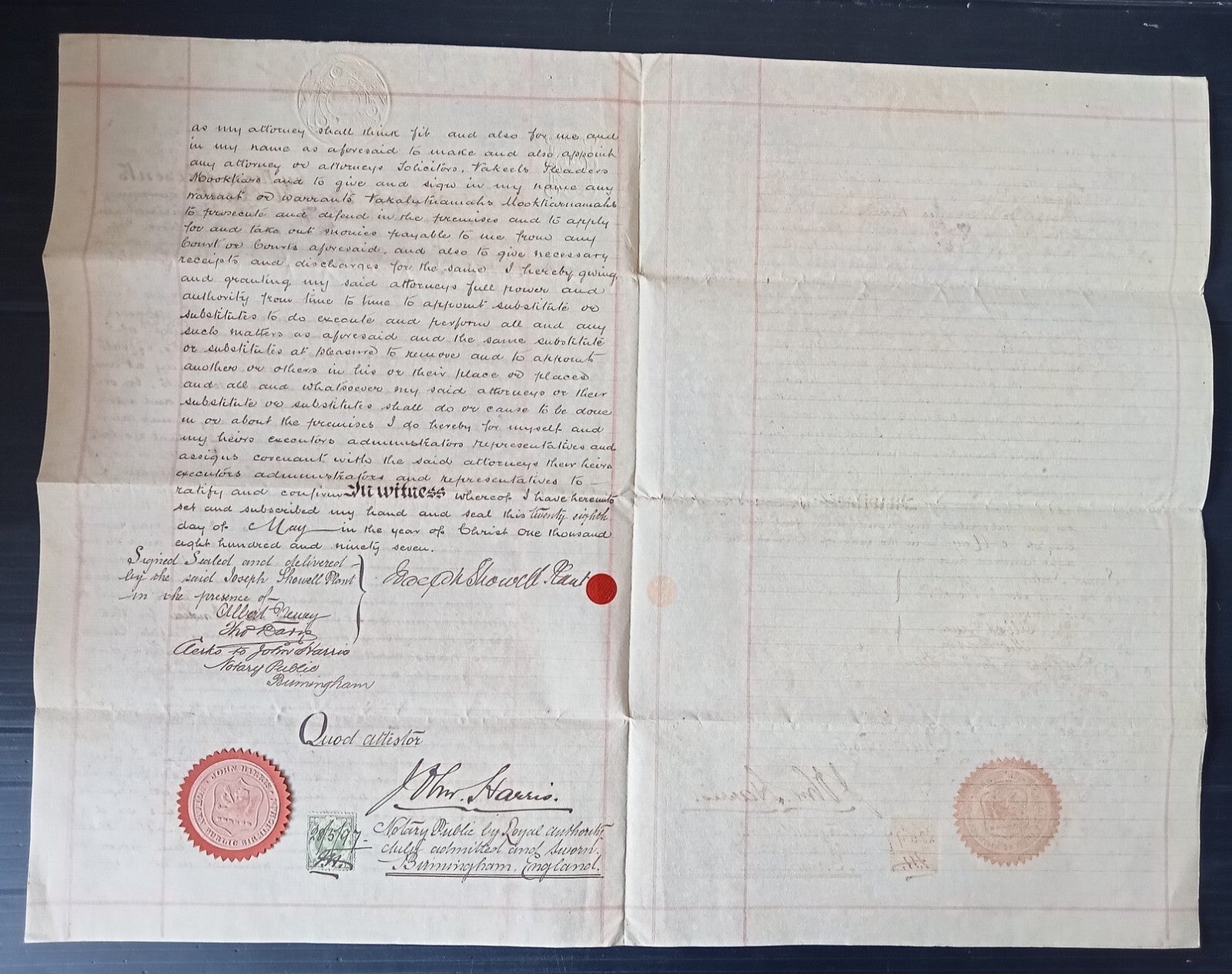 India QV 5R Special Adhesive revenue on PoA GB 10s revenue & 1897 postage 1s zaz