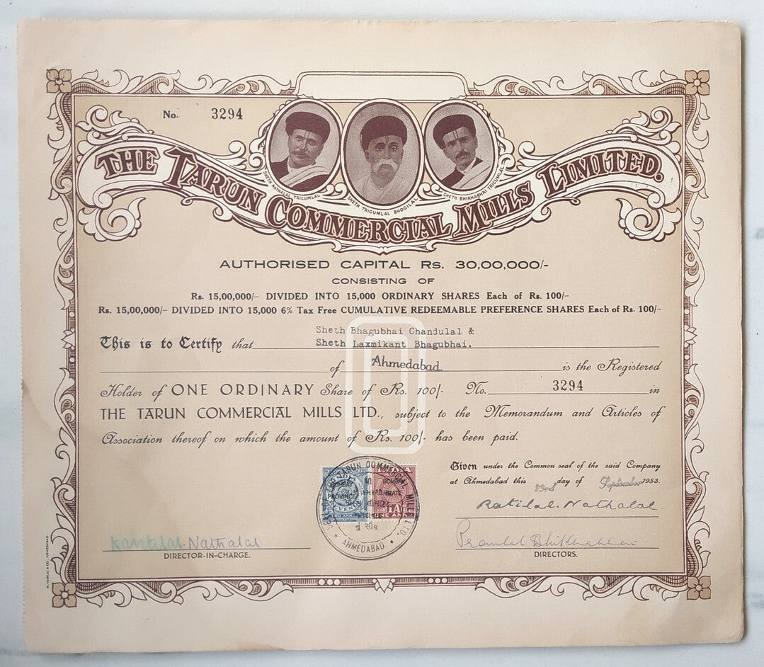 India 1953 The Tarun Commercial Mills Ltd Ahmedabad share certificate