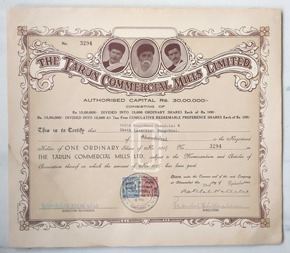 India 1953 The Tarun Commercial Mills Ltd Ahmedabad share certificate