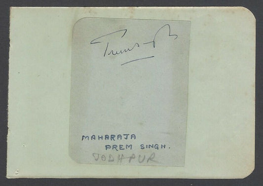 AOP India MAHARAJA PREM SINGH of Jodhpur signed piece on autograph book page