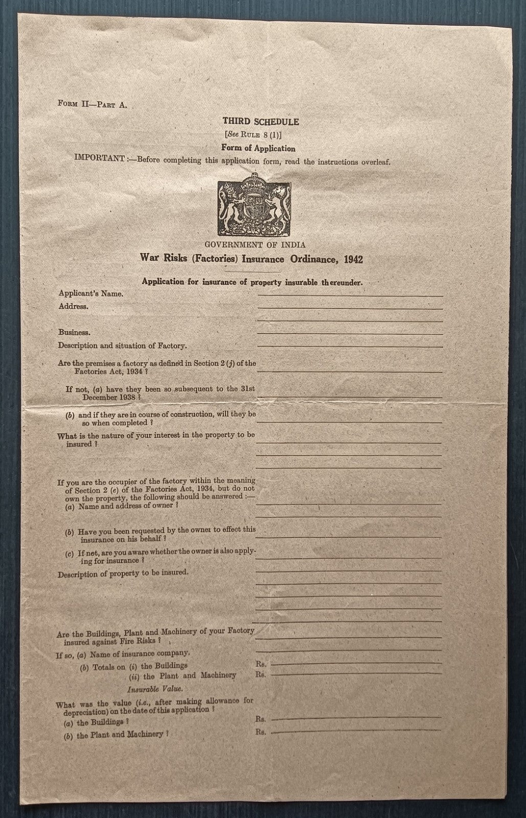 India WW2 1940-42 WAR RISKS (GOODS) INSURANCE ORDINANCE documents
