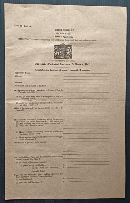 India WW2 1940-42 WAR RISKS (GOODS) INSURANCE ORDINANCE documents