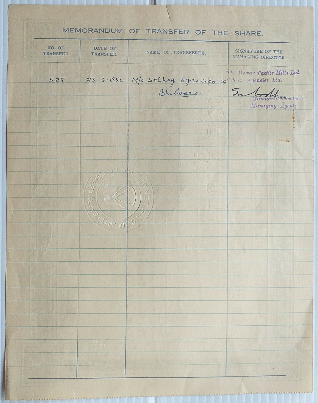 India Mewar Textile Mills 1938 Share Certificate
