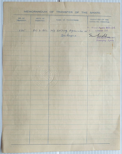 India Mewar Textile Mills 1938 Share Certificate