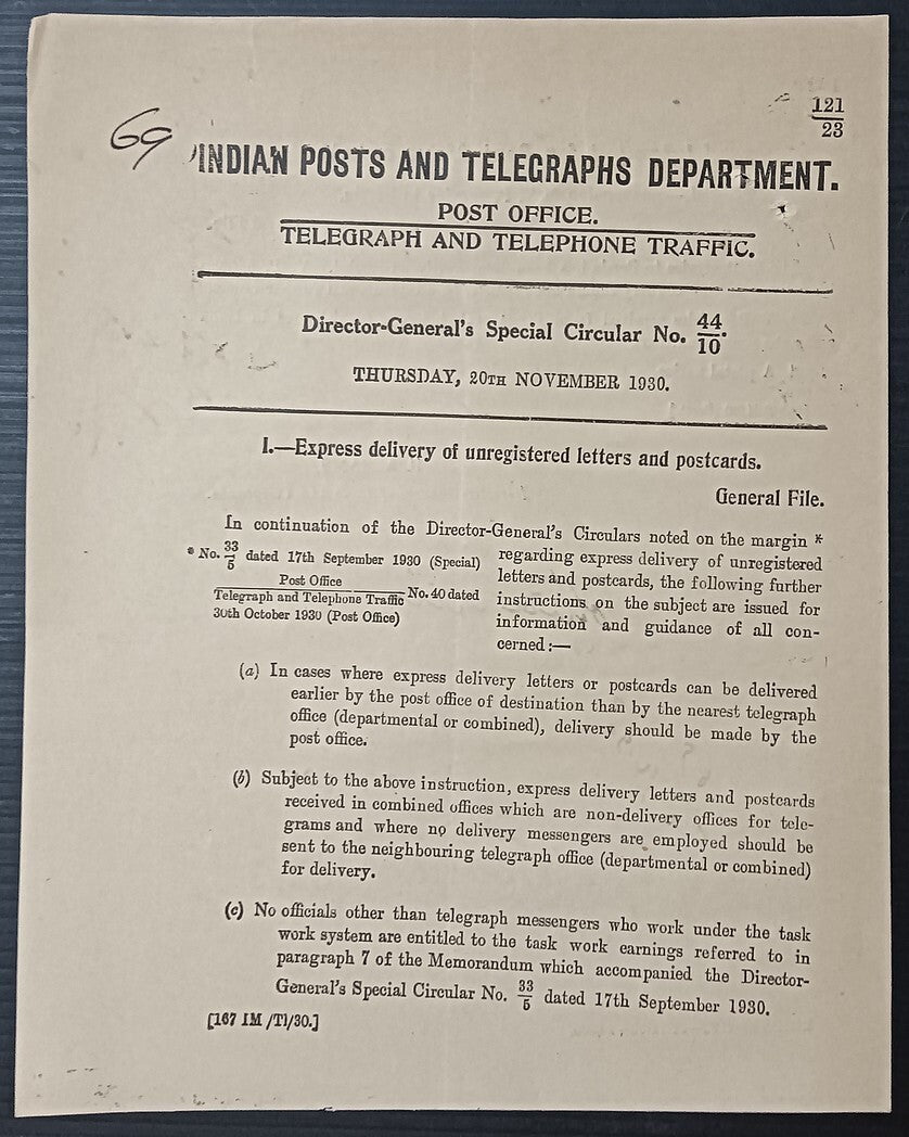 India POSTAL NOTICE 1930 Express delivery of Unregistered articles