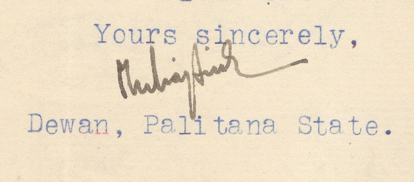 India 1943 crested letter PALITANA STATE signed Dewan